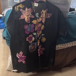 CAbi Black Sheer Top with Colorful Floral Print